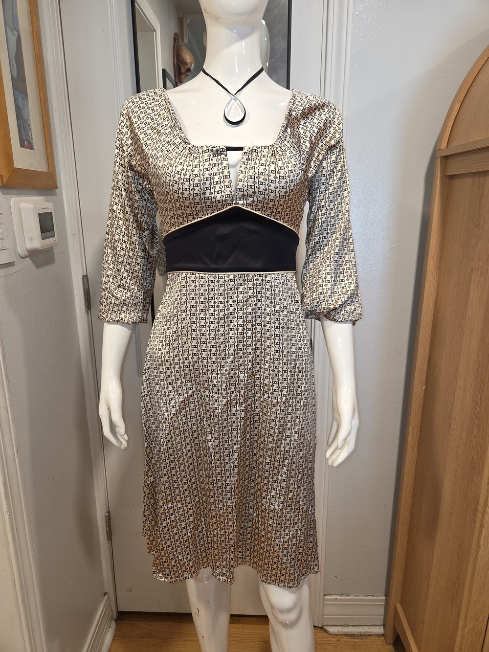 bebe Black and Gray Patterned Midi Dress with Empire Band